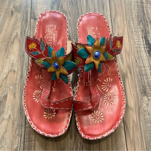 SPRING STEP L'ARTISTE BERRY Hand Painted Leather Toe Post Flower Comfort Sandal - Picture 1 of 16